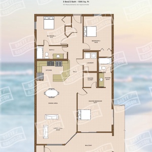 Ground floor layout with three bedrooms, a cozy living area, and the master with beach patio access