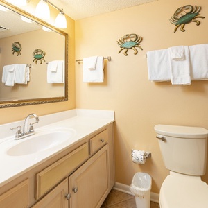 Guest bath featuring a spacious vanity with a large mirror, decorative crab accents, and a shower curtain in soft blue tones