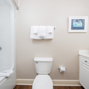 Freshen up in this guest bath in the relaxing shower or soothing tub before an exciting day