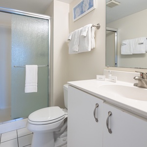 The master bath features a sleek design with a glass shower, modern fixtures, and fresh towels for a refreshing experience