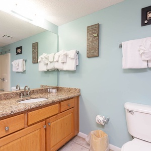 Bright guest bath featuring a granite countertop, wooden cabinetry, and neatly arranged towels on the wall for convenience