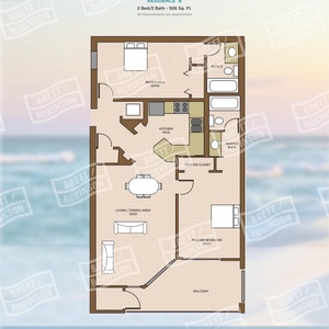 This floor plan showcases a two-bedroom, two-bath layout with a spacious living area, kitchen, and balcony access