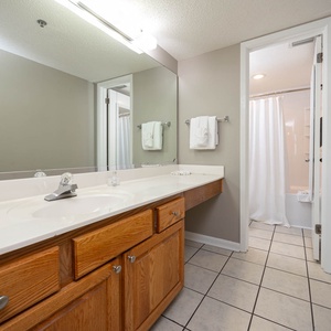 Bright master bath featuring a spacious countertop, wooden cabinetry, and a shower curtain leading to a tub/shower combo