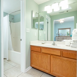 Bright master bath featuring a spacious vanity, a tub/shower combo, and neatly arranged towels, creating a welcoming vibe