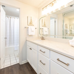 Master suite bathroom featuring a spacious vanity, ample storage, and a relaxing tub-shower for your convenience