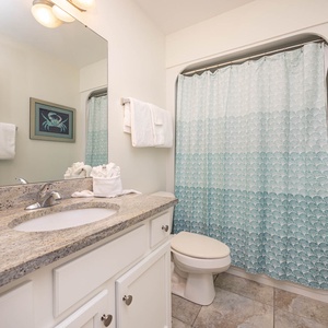 The guest bath features a stylish granite countertop, serene shower curtain, and elegant decor for a refreshing experience