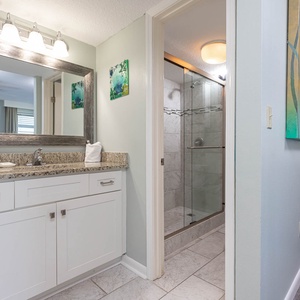 The master bath features a stylish granite countertop, a walk-in shower, and vibrant artwork, creating a refreshing retreat