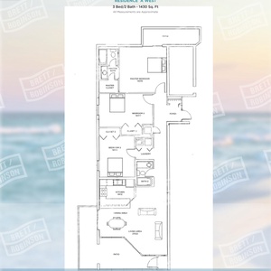 Floor plan showcasing a three-bedroom, two-bath residence with an open living area, dining space, and modern kitchen layout