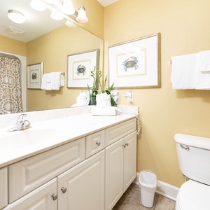 Refreshing guest bathroom featuring a spacious vanity, decorative art, and a tub/shower combo with a patterned curtain