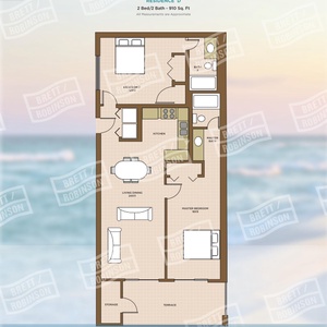 This floor plan showcases a well-designed 2-bedroom, 2-bath layout with a living area and kitchen, perfect for your getaway