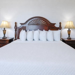 Relax in this inviting master bedroom featuring a king bed adorned with fluffy pillows and elegant bedside lamps
