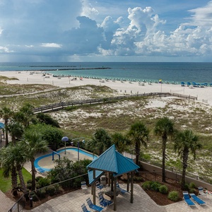 Inviting pool area surrounded by palm trees, with easy access to the beach and lounge chairs for relaxation