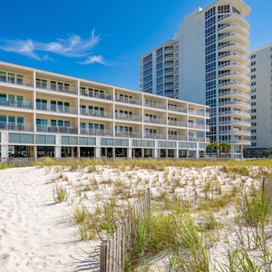 Experience a beachfront vacation at this stylish rental with palm trees and spacious balconies, Sea Glass in Gulf Shores