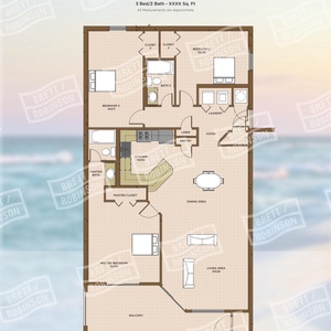Floor plan showcasing a spacious three-bedroom, two-bath residence with a living area, dining space, and master on the beach