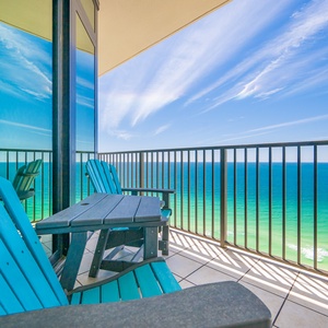 Relax in your comfortable chairs, soaking in breathtaking coastal views and enjoying the peaceful vibe of your balcony