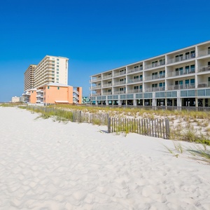 Experience a beachfront vacation at this stylish rental with palm trees and spacious balconies, Sea Glass in Gulf Shores