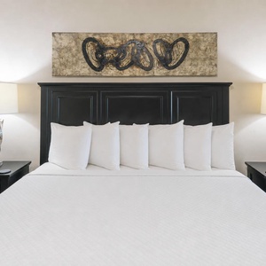 The master bedroom features a king with a stylish black headboard, plush pillows, and modern lamps, creating a serene retreat