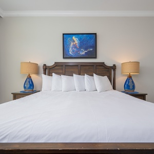Sink into the plush king bedding, under vibrant jellyfish art and coastal accents and wake to a peaceful morning retreat