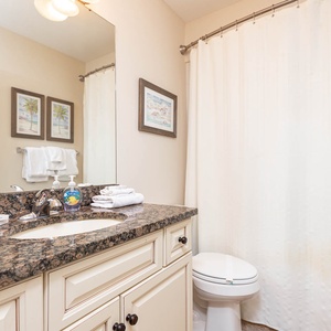 This bathroom features a dark granite countertop, soft towels, and tropical artwork, creating a refreshing retreat for guests