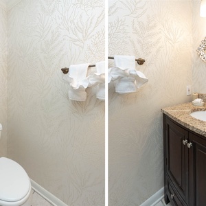 Elegant half bath featuring a decorative mirror, granite countertop, and artistic fish accent against a textured wall