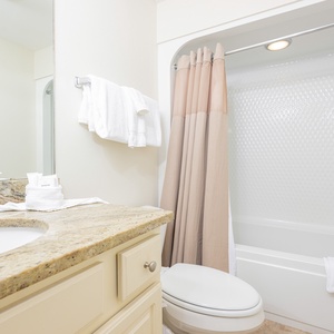 Guest bathroom featuring a granite countertop, soft towels, and a tub/shower combo for a refreshing experience