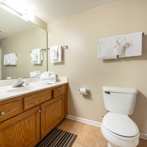 Guest bathroom features a spacious vanity with wooden cabinetry, neatly arranged towels, and a floral shower curtain