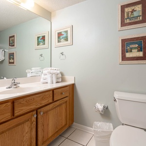 Refresh in this guest bath featuring a spacious vanity, decorative art, and neatly arranged towels
