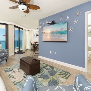 Cozy living room invites you to unwind with a good movie after a day on the water
