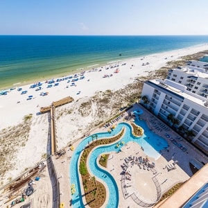 Picture yourself drifting in the winding lazy river below as the gulf and beach stretch to the horizon