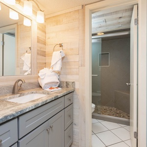 The master bathroom features a stylish vanity with a marbled countertop, a walk-in shower, and soft towels neatly arranged