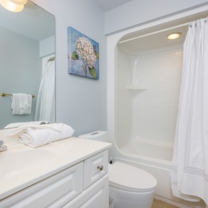 Enjoy a relaxing shower after a day at the beach in this guest bath with stylish accents and fluffy towels