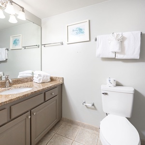 Guest bathroom featuring a granite countertop, a large mirror, and a colorful shower curtain with blue stripes