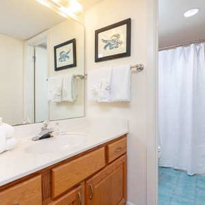 Experience the master bathroom with a spacious vanity, fresh towels, and coastal decor