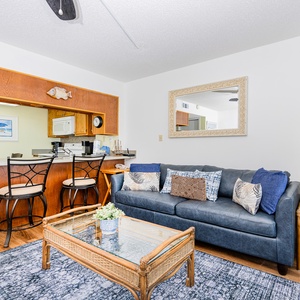 The living area features a comfortable sofa, a glass-top coffee table, and a well-equipped kitchen with a bar