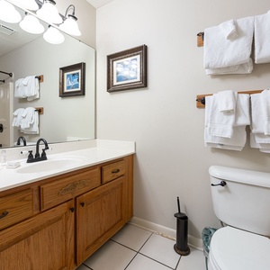 Guest bath featuring a spacious vanity with wooden cabinetry, fresh towels, and a walk-in shower for a refreshing experience