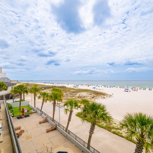 Gaze at the expansive view of the coastline, with gentle waves lapping against the shore under a clear blue sky