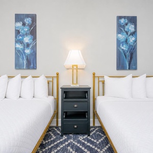 Stretch out on either queen bed, enjoy a good book, and admire tall blue botanical paintings above