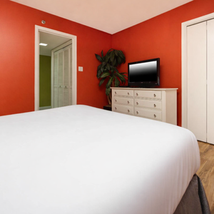 Guest bedroom featuring a queen with white bedding, while a TV and dresser complete this inviting bedroom setup