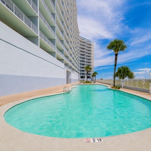 Splash in the outdoor pool with a beachfront view, surrounded by palm trees and vacationers enjoying their time in the sun