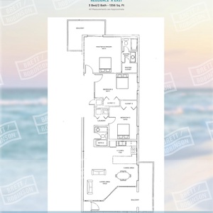 This floor plan showcases a three-bedroom, two-bath residence with a spacious living area and a well-equipped kitchen layout