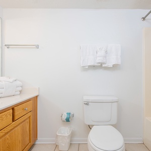 Bright guest bathroom featuring a large mirror, wooden cabinetry, neatly stacked towels, and a decorative fish accent