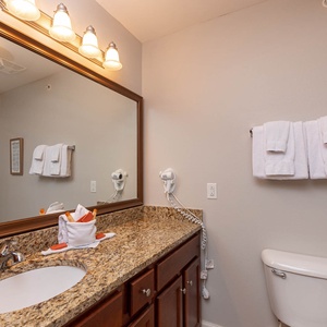 This bathroom features a granite countertop, elegant lighting, and plush towels for a refreshing retreat