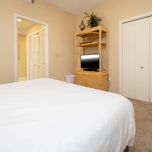 Comfortable guest bedroom featuring a plush queen bed, a TV, and soft decor for a relaxing stay