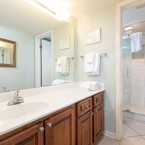 Master bathroom featuring a sleek vanity with ample counter space, a large mirror, and a walk-in shower with elegant tile
