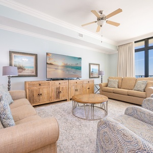 Settle into the plush seating and enjoy the vibrant coastal vibe while watching your favorite shows on the large TV