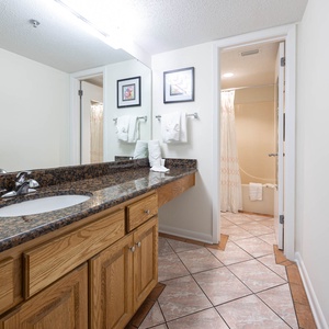 Granite countertops and oak cabinetry complement the master bath featuring a tub/shower combo and decorative accents