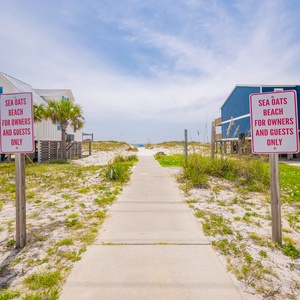 Walk along the path to the exclusive Sea Oats beach access, surrounded by charming coastal homes and lush greenery