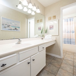 Master bath features a spacious vanity with a large mirror, decorative artwork, and a tub/shower combo with a coastal theme