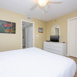 Guest room featuring a plush queen bed, a TV on a dresser, and tropical artwork enhancing the inviting atmosphere