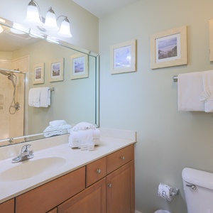 Refresh in the stylish guest bath, featuring plush towels and a spacious walk-in shower